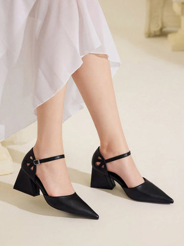 Black Pointed Toe Mid Heel Loafers For Women 2024 New Style, Retro Europe Design