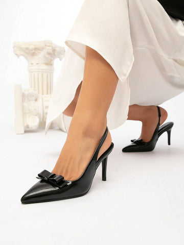 Commuter Style Sexy Pointed Toe Faux Leather High Heel Pumps With Bowknot Backstrap