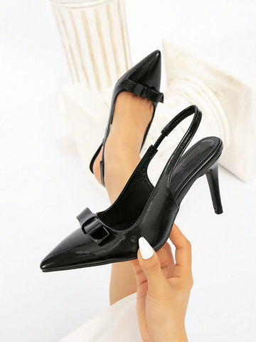 Commuter Style Sexy Pointed Toe Faux Leather High Heel Pumps With Bowknot Backstrap