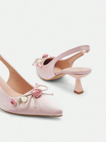 Elegant Floral High Heels For Ladies With Pointed Toe And Short Heels,