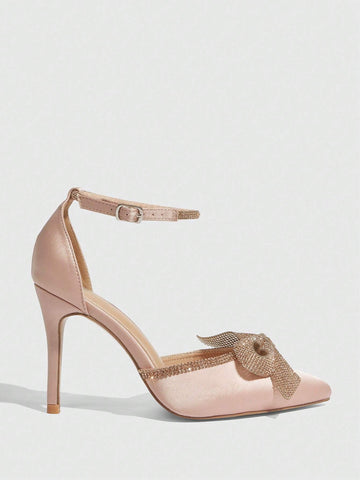 Fashionable Champagne Colored Rhinestone Bowknot Pointed Toe High Heels For Women, Suitable For Commuting