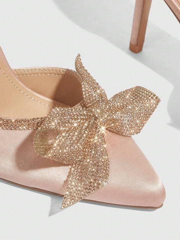 Fashionable Champagne Colored Rhinestone Bowknot Pointed Toe High Heels For Women, Suitable For Commuting