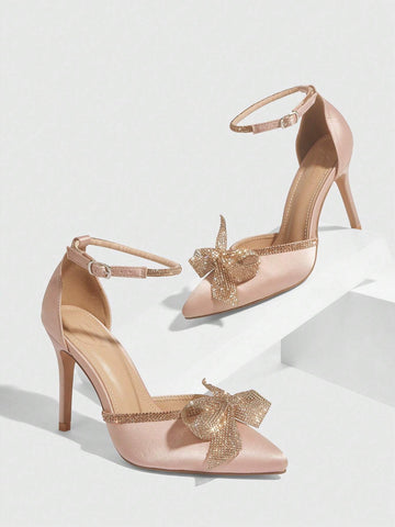 Fashionable Champagne Colored Rhinestone Bowknot Pointed Toe High Heels For Women, Suitable For Commuting