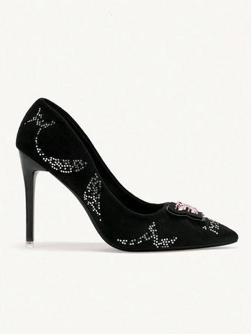 Fashionable Elegant Rhinestone Bow Decor Pointed Toe High Heels For Christmas