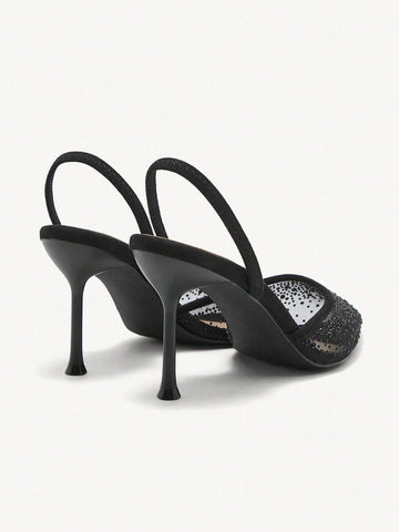 Pointed Toe High Heel Rhinestone Decorated Black Ladies' Pumps