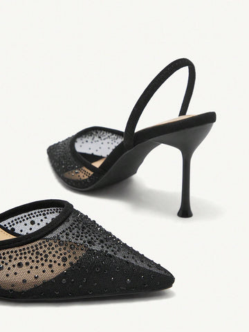 Pointed Toe High Heel Rhinestone Decorated Black Ladies' Pumps