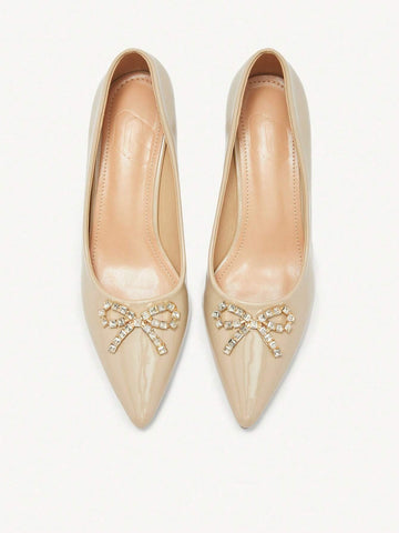 Pointed Toe Low Heel Versatile Silk Bow Design Women High Heel Pumps