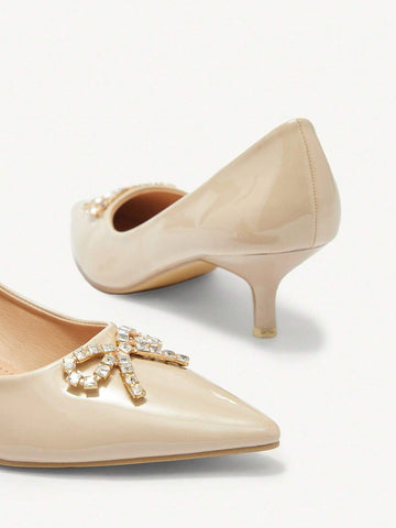 Pointed Toe Low Heel Versatile Silk Bow Design Women High Heel Pumps