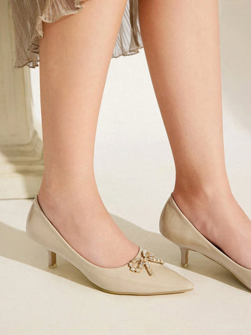 Pointed Toe Low Heel Versatile Silk Bow Design Women High Heel Pumps