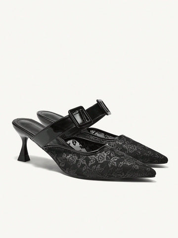 Pointed Toe Low Heeled Mule Shoes, Lace Bridal Shoes, Sexy Strappy High Heel Ladies