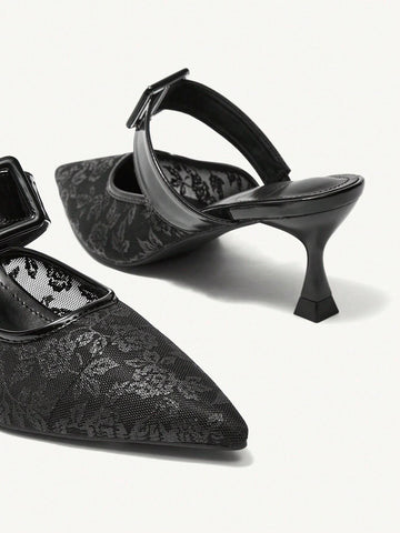 Pointed Toe Low Heeled Mule Shoes, Lace Bridal Shoes, Sexy Strappy High Heel Ladies