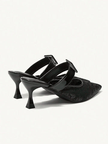 Pointed Toe Low Heeled Mule Shoes, Lace Bridal Shoes, Sexy Strappy High Heel Ladies