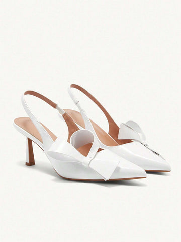 Pointed Toe Stiletto High Heels, Elegant Lady Date/Holiday White Patent Leather Bow