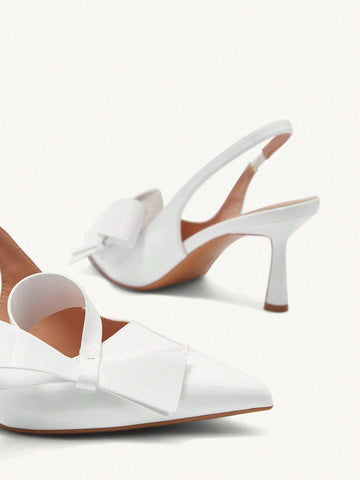 Pointed Toe Stiletto High Heels, Elegant Lady Date/Holiday White Patent Leather Bow