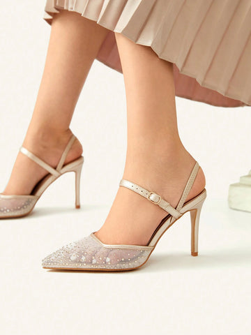 CUCCOO CHICEST Pointed Toe Thin Heel Mesh Rhinestone Women's High Heel Pumps Halloween