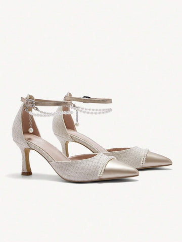 Pointed Toe Thin High Heel Pearl Chain Decor Chic Minimalist White Formal