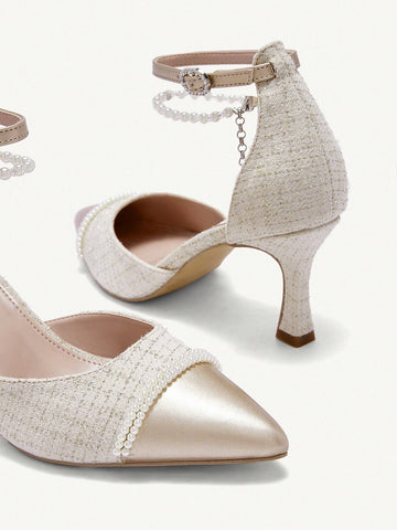Pointed Toe Thin High Heel Pearl Chain Decor Chic Minimalist White Formal