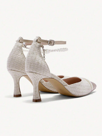 Pointed Toe Thin High Heel Pearl Chain Decor Chic Minimalist White Formal
