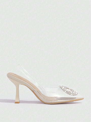 Woman Shoes Elegant Rhinestone Decor Point Toe Clear Heeled