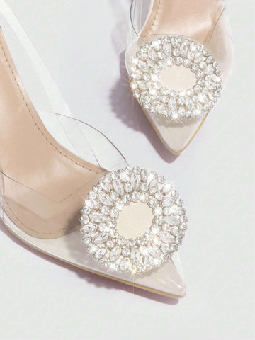 Woman Shoes Elegant Rhinestone Decor Point Toe Clear Heeled