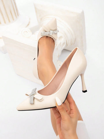 Women Elegant Sweet Romantic Rhinestone Bow Tie Stiletto High Heel Pumps, Beige