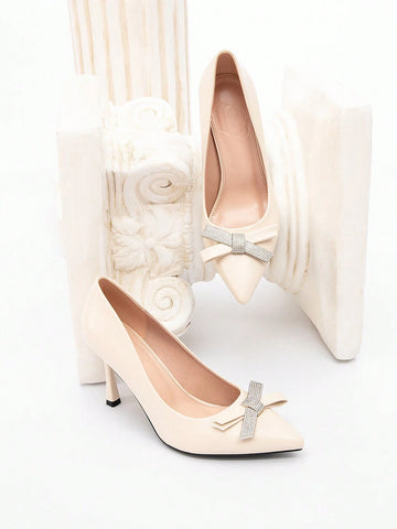 Women Elegant Sweet Romantic Rhinestone Bow Tie Stiletto High Heel Pumps, Beige