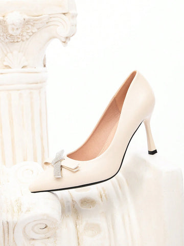 Women Elegant Sweet Romantic Rhinestone Bow Tie Stiletto High Heel Pumps, Beige