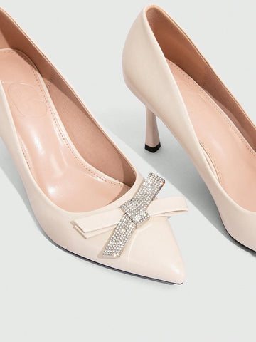 Women Elegant Sweet Romantic Rhinestone Bow Tie Stiletto High Heel Pumps, Beige