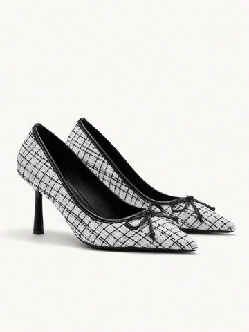 Women Plaid Pattern Bow Decor Casual High Heel Pumps