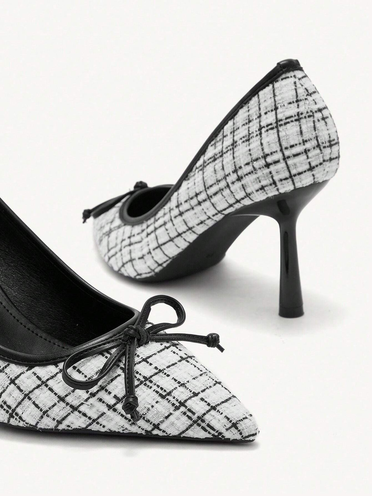 Women Plaid Pattern Bow Decor Casual High Heel Pumps