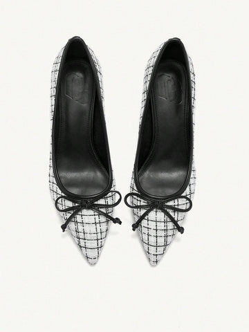 Women Plaid Pattern Bow Decor Casual High Heel Pumps