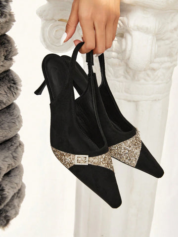 Women's Black Flock Pointed Toe High Heel Shoes,