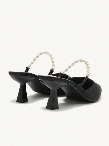 Women's Pearly Chain Pointed Toe Spool High Heel Mid Heel Elegant