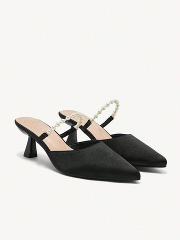 Women's Pearly Chain Pointed Toe Spool High Heel Mid Heel Elegant