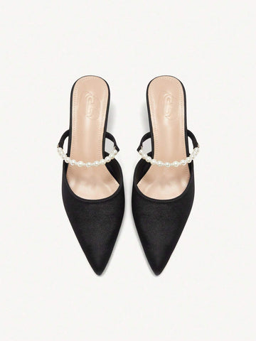 Women's Pearly Chain Pointed Toe Spool High Heel Mid Heel Elegant