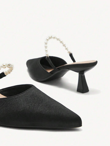 Women's Pearly Chain Pointed Toe Spool High Heel Mid Heel Elegant