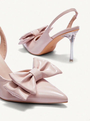 Women's Point-Toe Transparent High Heel Shoes With Oversized Bow Design, Elegant