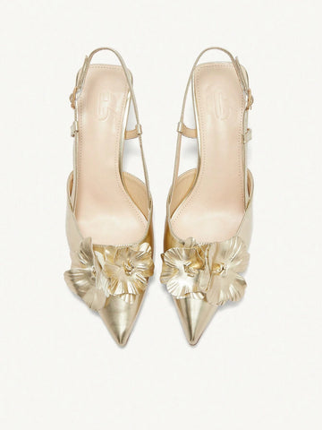 Women's Pointed Toe Floral Mid Heel Pumps, Elegant Romantic Classic Gold Faux Leather