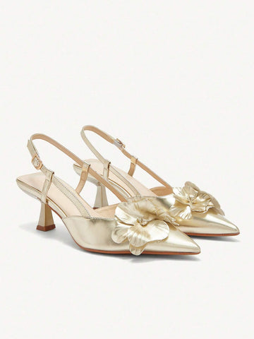Women's Pointed Toe Floral Mid Heel Pumps, Elegant Romantic Classic Gold Faux Leather