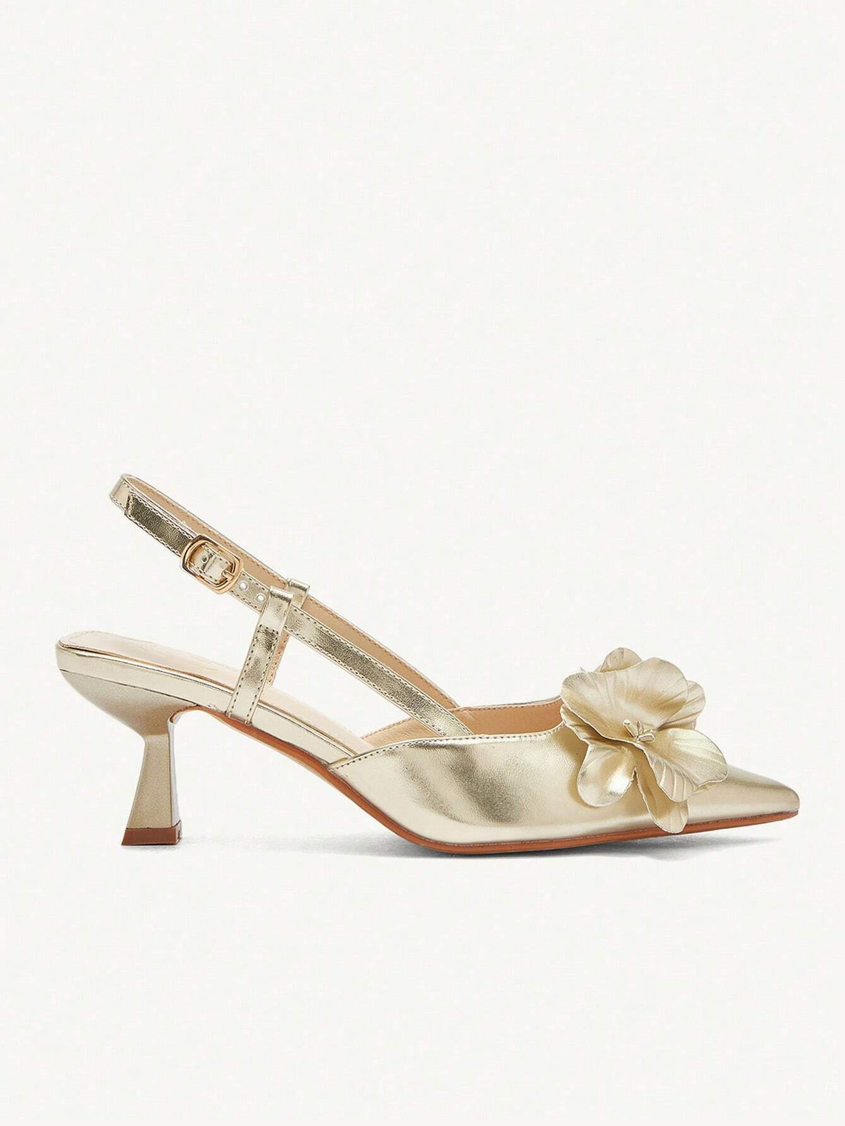 Women's Pointed Toe Floral Mid Heel Pumps, Elegant Romantic Classic Gold Faux Leather