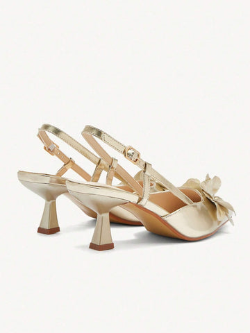 Women's Pointed Toe Floral Mid Heel Pumps, Elegant Romantic Classic Gold Faux Leather