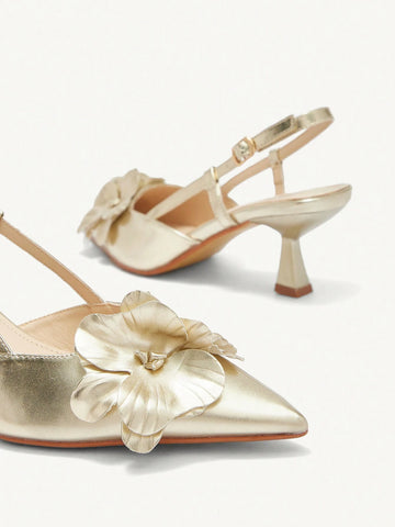 Women's Pointed Toe Floral Mid Heel Pumps, Elegant Romantic Classic Gold Faux Leather