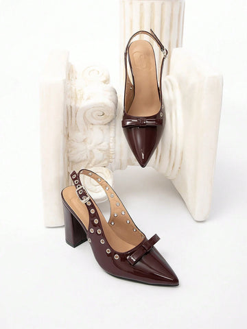 Women's Pointed Toe Heels With Butterfly Decor, Chunky Heel, Fashion