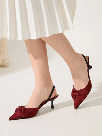 Women's Pointed Toe Mid-Heel Butterfly Decor Pumps, Burgundy Elegant Romantic