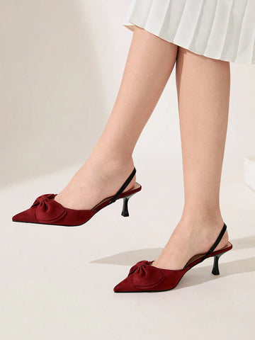 Women's Pointed Toe Mid-Heel Butterfly Decor Pumps, Burgundy Elegant Romantic