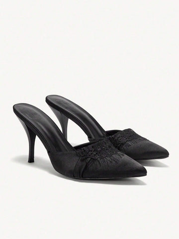 Women's Pointed Toe Satin Lace Kitten Heel Mule Black High Heel Pumps