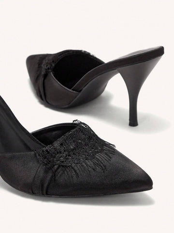 Women's Pointed Toe Satin Lace Kitten Heel Mule Black High Heel Pumps