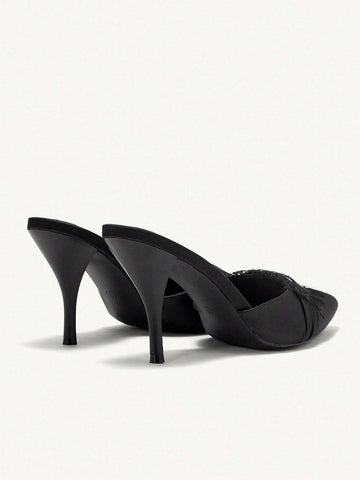 Women's Pointed Toe Satin Lace Kitten Heel Mule Black High Heel Pumps