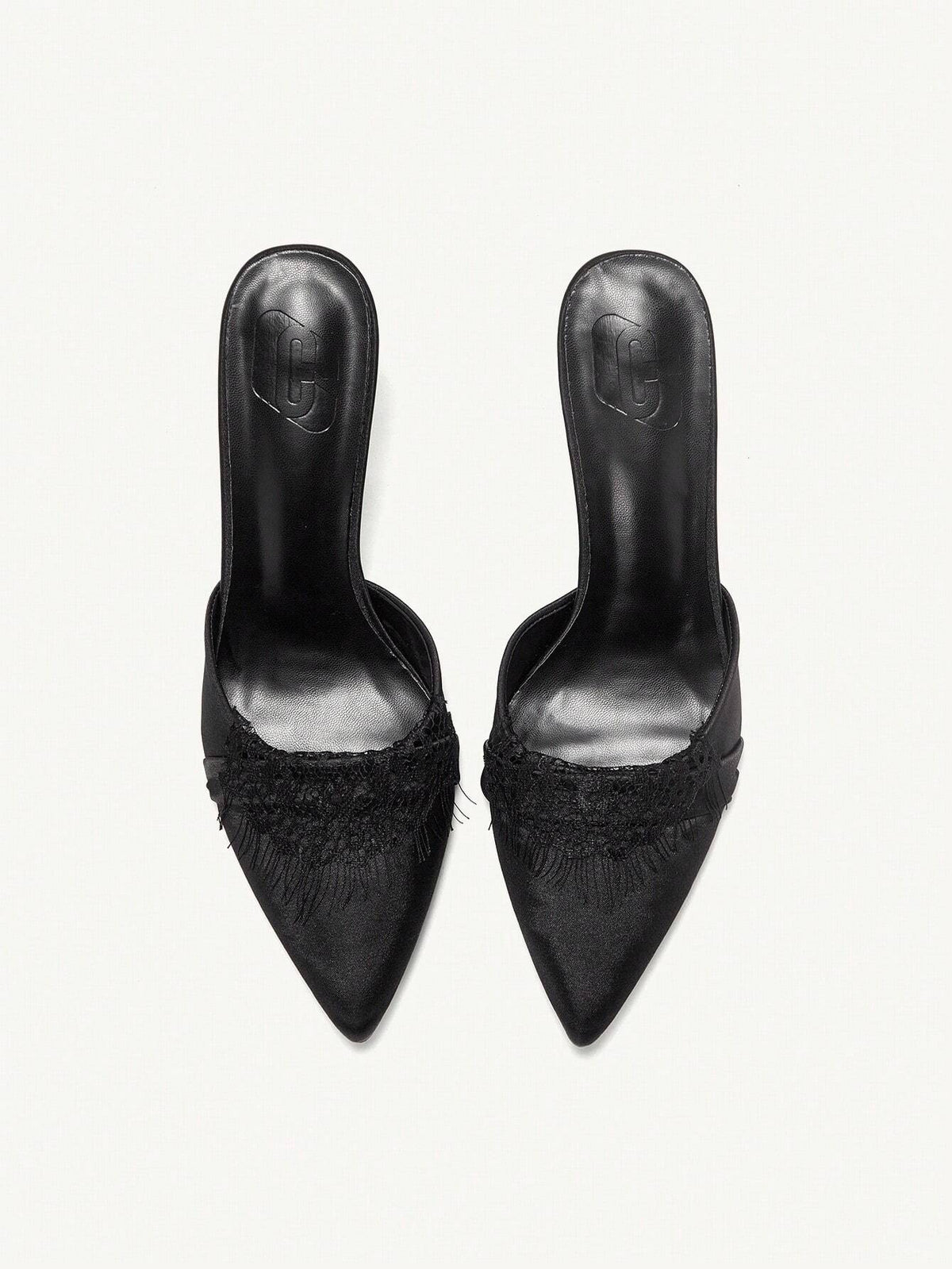 Women's Pointed Toe Satin Lace Kitten Heel Mule Black High Heel Pumps