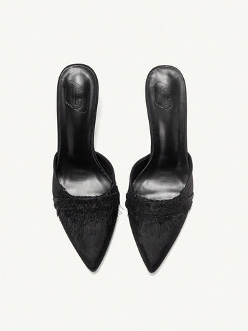 Women's Pointed Toe Satin Lace Kitten Heel Mule Black High Heel Pumps